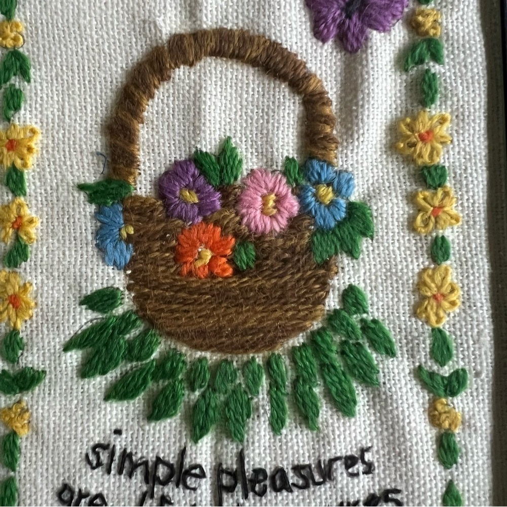 Vintage Embroidered “Simple Pleasures Are Life’s Treasures” Wall Art - Picture 2 of 6